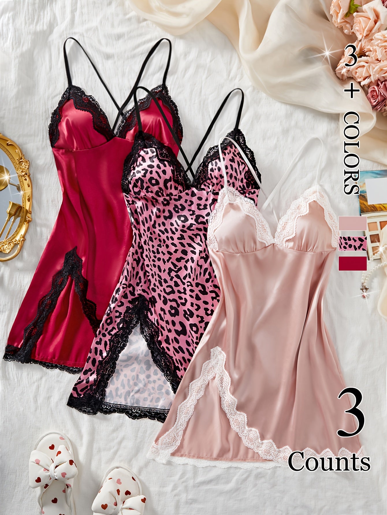 Elegant 3pcs Lace Trim Pajama Set for Women - V-Neck, Backless Slip Dresses with Side Split, Soft Polyester & Elastane Blend, Perfect for All Seasons